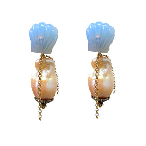 GLOWING SEASHELL BARBIE DIAMOND BAROQUE PEARL CHAIN STUDS Joie DiGiovanni Earrings Joie DiGiovanni