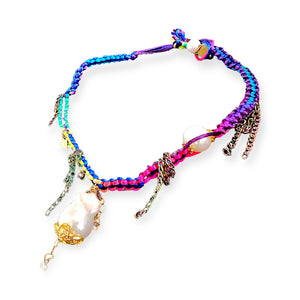 TROPICAL RAINBOW HEART PEARL AND CHAIN SILK ROCKSTAR CHOKER Joie DiGiovanni Necklace Joie DiGiovanni