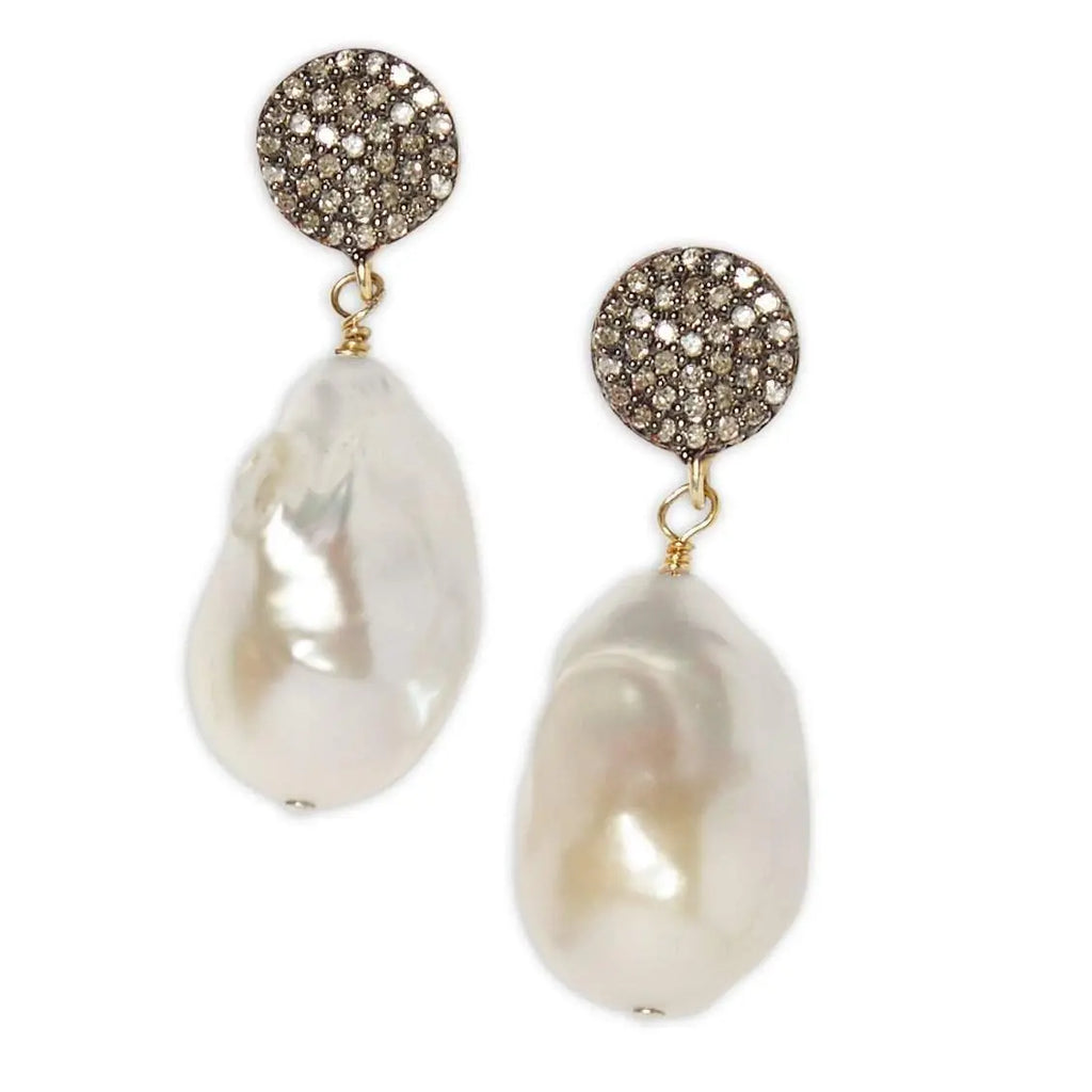 Diamond Circle and Baroque Pearl Earrings